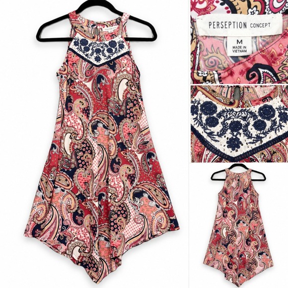 Perception Concept Dresses & Skirts - Perception Concept Womens Paisley Halter Dress Navy Pink Handkerchief Hem Medium